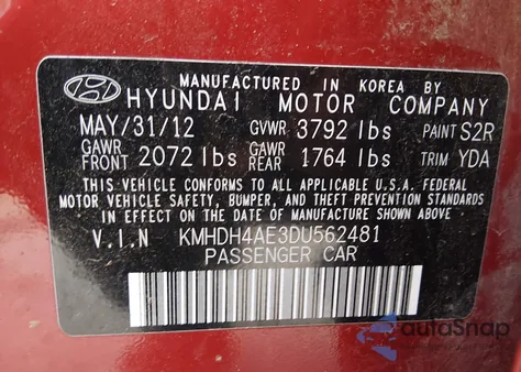2013 Hyundai Elantra Gls/Limited from USA, damaged, VIN KMHDH4AE3DU562481